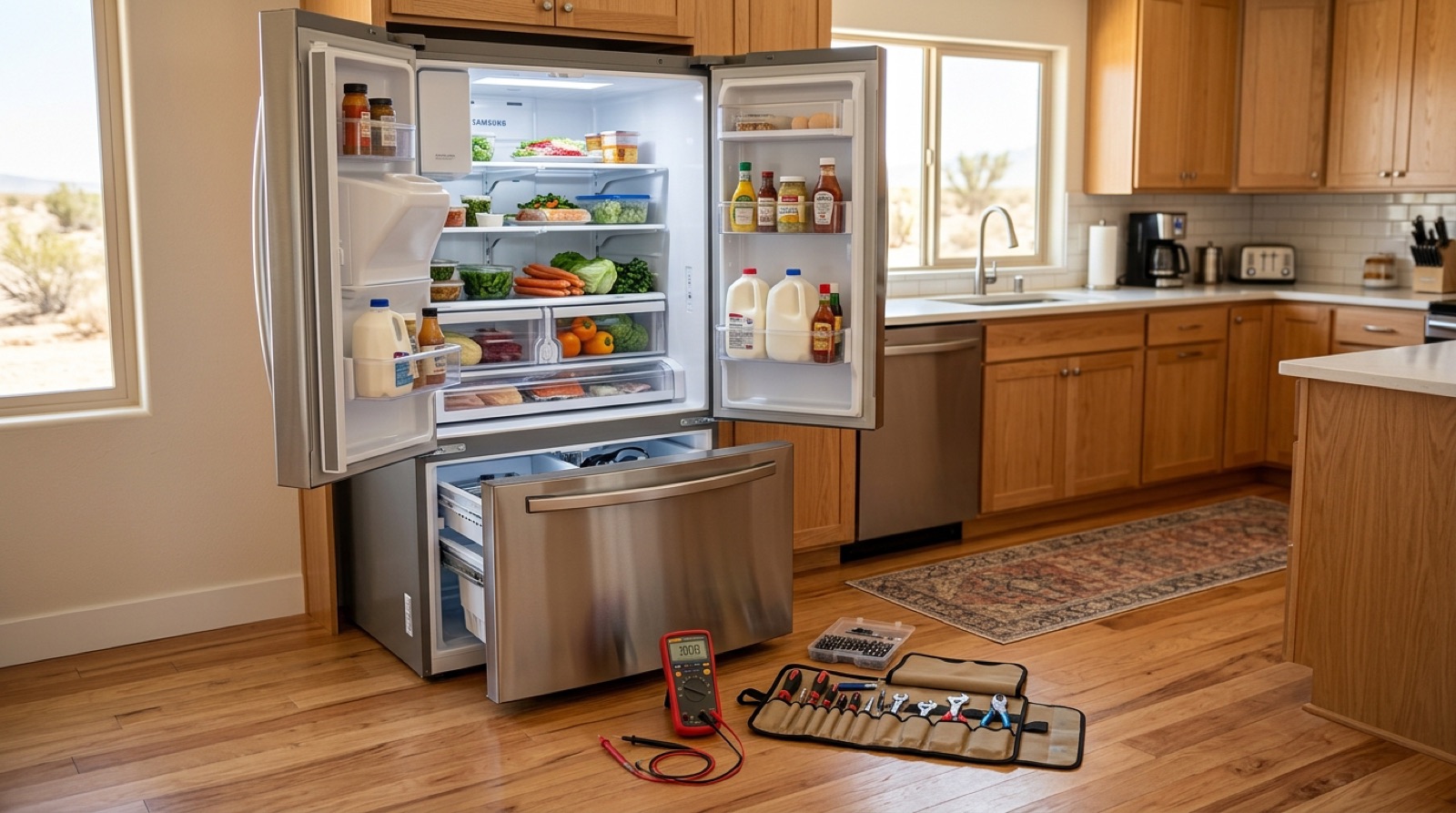 Technician's multimeter and tool roll beside an open refrigerator during an urgent repair call in Odessa, TX
